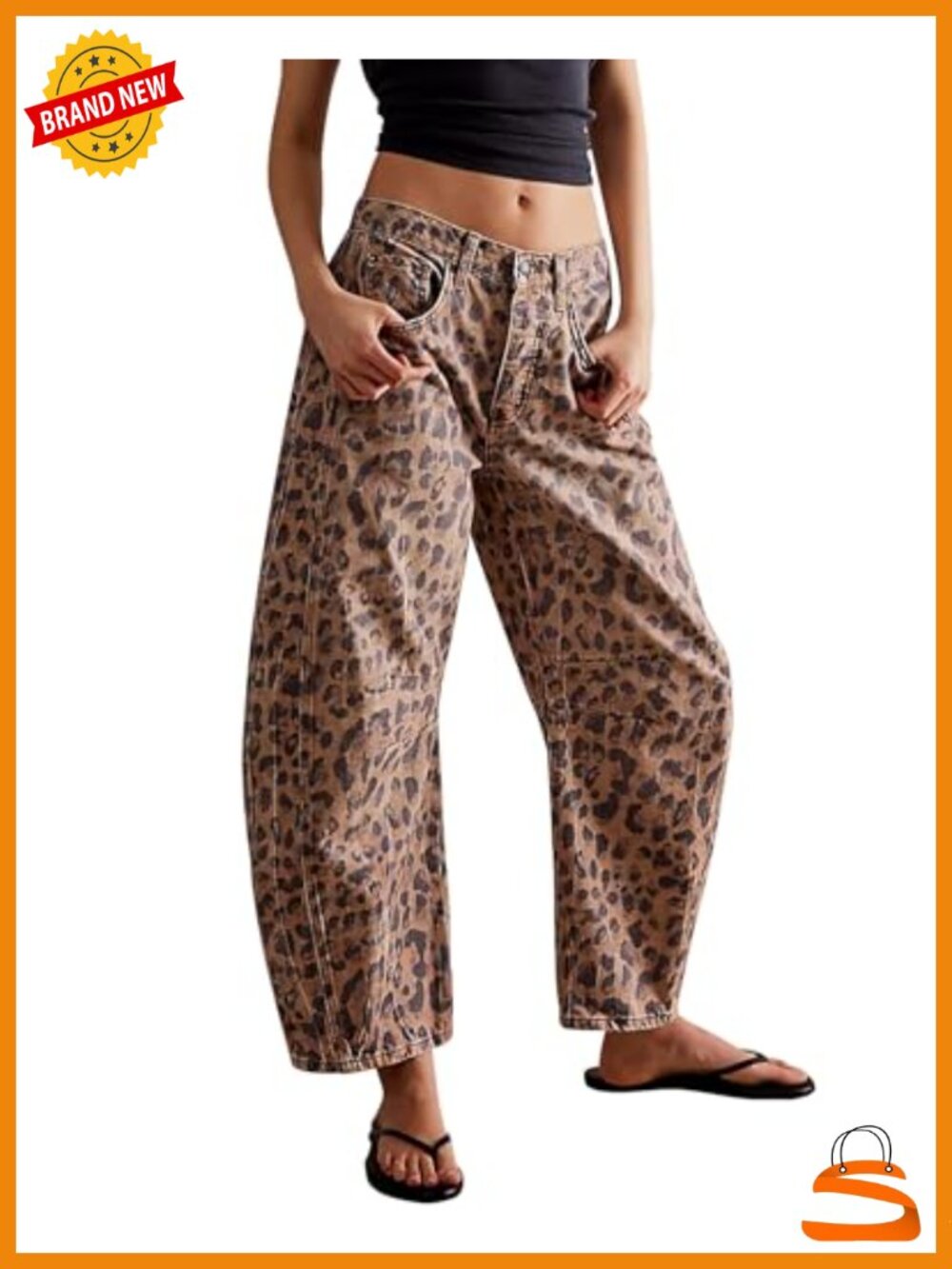 Mid Rise Wide Leg Cropped Leopard Print Barrel Jeans